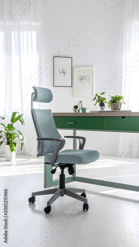 Creative design studio with a light gray ergonomic office chair featuring a soft lumbar cushion, set in an airy modern workspace. 