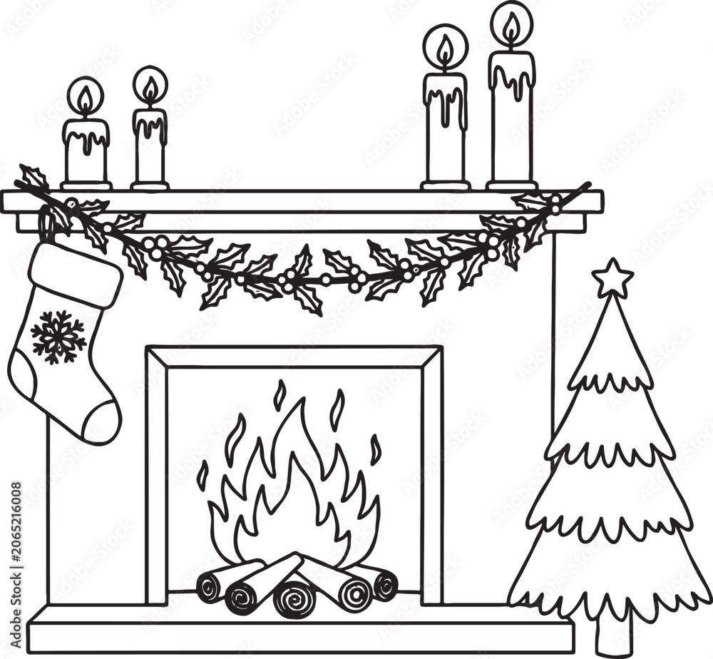 Fototapeta premium Christmas fireplace with roaring fire stockings tree christmas eve fireplace christmas stocking decoration interior celebration new year gathering tradition illustration isolated