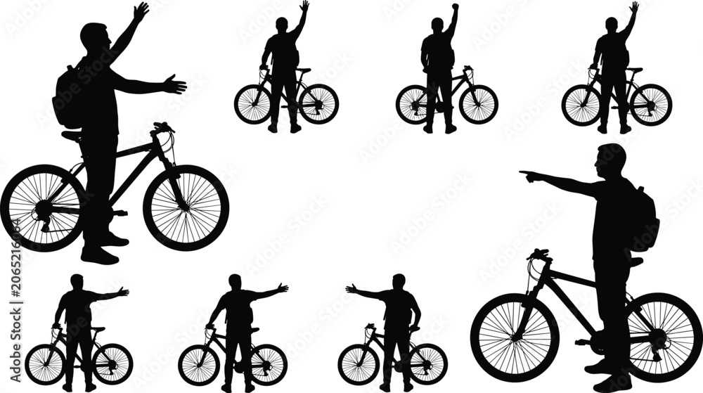 Obraz premium Silhouettes of a male cyclist with a backpack and mountain bike standing in various poses on a white background