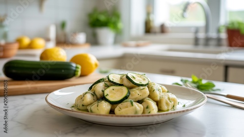 Delicious Homemade Zucchini Gnocchi Served on a Plate in a Bright Modern Kitchen Setting