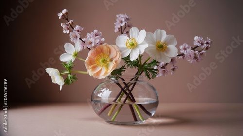 Elegant floral arrangement in a clear glass vase with delicate white and peach blossoms, evoking a sense of serene beauty and natural grace, perfect for home decor or special occasions