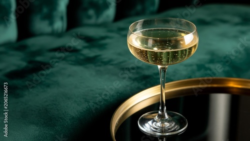 Elegant Glass of Sparkling Champagne on a Gold Tray Set Against a Luxurious Dark Green Velvet Background