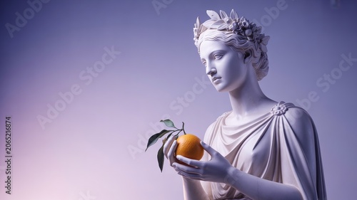Elegant White Marble Classical Statue Holding a Fresh Citrus Fruit Against a Soft Gradient Background for Artistic Concept