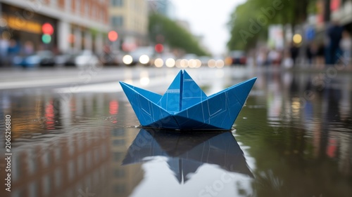 Blue Paper Boat Floating in a Rain Puddle on a City Street with Blurred Urban Background and Soft Reflection