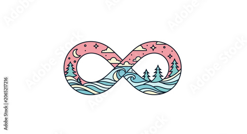 Abstract infinity symbol design with nature elements and decorative patterns