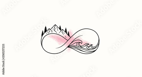 Abstract infinity symbol with mountains trees and waves design