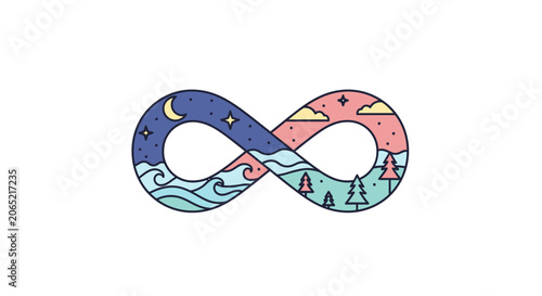 Abstract infinity symbol with night and day landscape elements