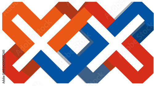 Abstract interwoven geometric shapes red orange and blue design