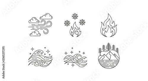 Abstract line art elements of nature including clouds fire and water