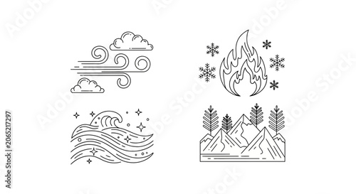 Abstract line art of four natural elements wind fire water and earth