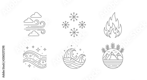 Abstract line art illustrations of natural elements and weather conditions
