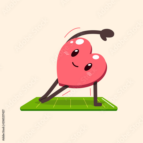 Cute heart character doing yoga stretch pose on mat cartoon vector illustration