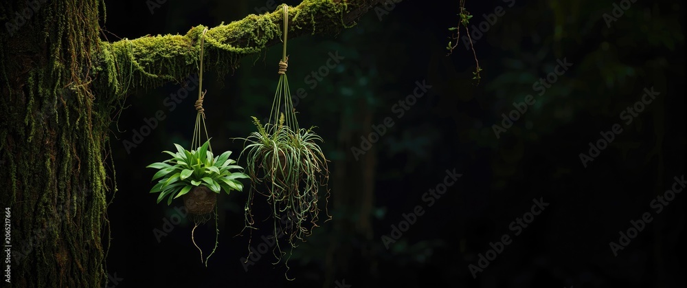 Obraz premium Vertical greenery composition with mossy green ferns and two epiphyte plants hanging from branch