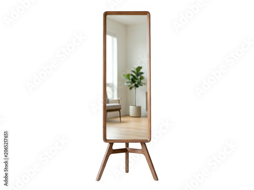 Standing wooden framed mirror isolated on transparent background
