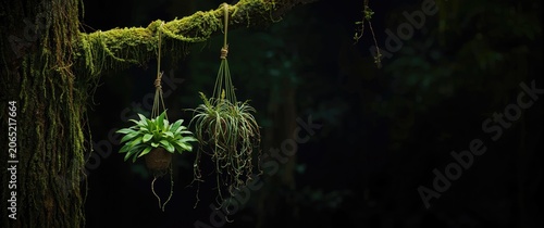 Vertical greenery composition with mossy green ferns and two epiphyte plants hanging from branch