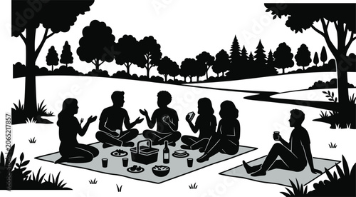 Photos Silhouette Illustration of Friends Having Picnic Outdoors in Park with Food, Dri