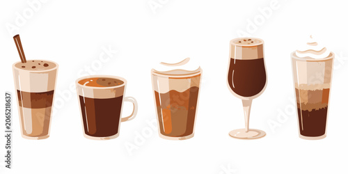 Принти на полотні Coffee Drinks In Various Glasses Vector Illustration