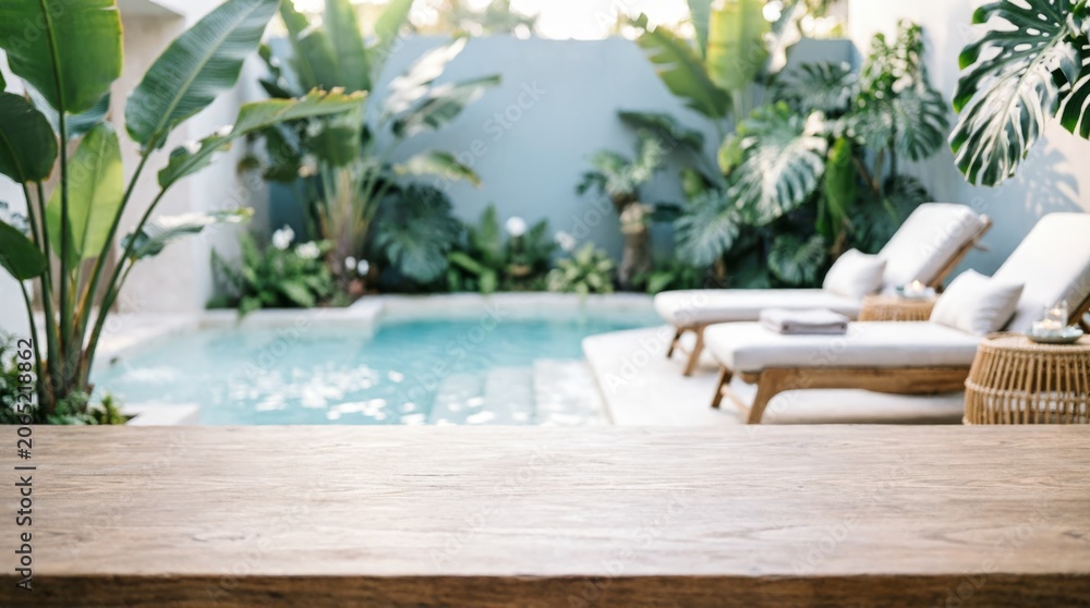 Luxury Poolside Retreat with Tropical Plants and Lounge Chairs for Web Design