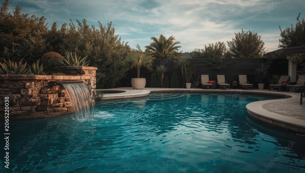 Fototapeta premium inviting swimming pool area with water features and loungers