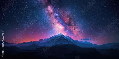 Mountain landscape under a starry night sky with the Milky Way