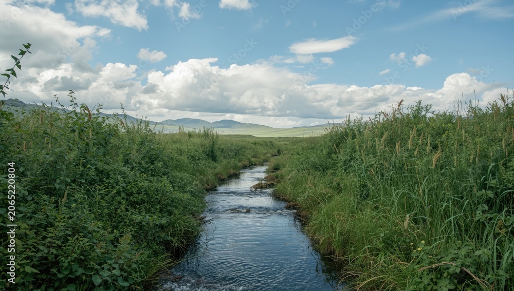 Obraz premium Stream flowing through lush green grasslands under a blue sky