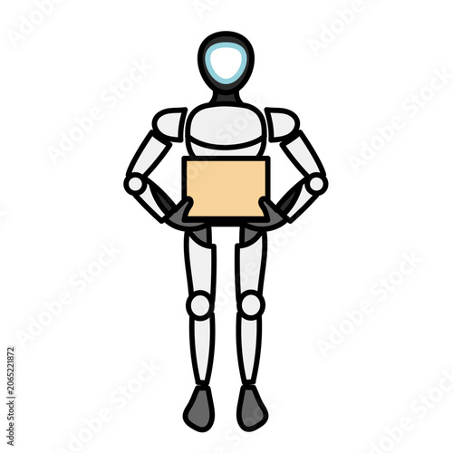 ダンボール箱を両手で持って立つシルバーの人型ロボットのキャラクター｜未来の物流や配達サービスをイメージしたポップでシンプルなイラスト素材