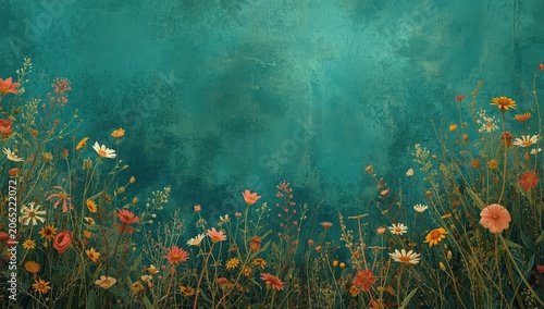 Colorful wildflowers in front of a teal background