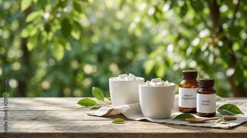 Natural dietary supplements and herbal medicine in white ceramic bowls on a rustic wooden table in a garden setting.