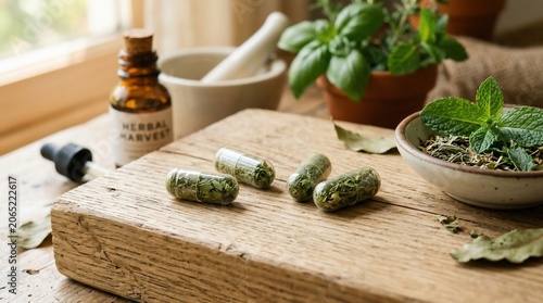 Natural Herbal Supplements Capsules with Medicinal Herbs and Essential Oils.