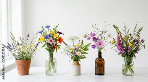 Set of Five Beautiful Wildflower Bouquets in Assorted Vases.