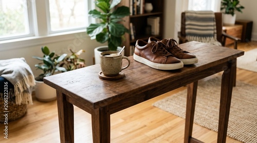 Rustic Wooden Entryway Console Table with Shoes and Coffee Cup in Bright Home Interior.