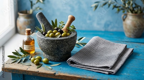 Stone mortar and pestle with fresh olives and olive oil.