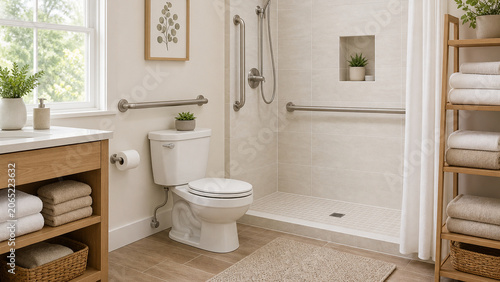 Bright modern bathroom featuring a walk-in shower, safety grab bars, toilet, wood vanity, towels, plants, and neutral spa-inspired decor.