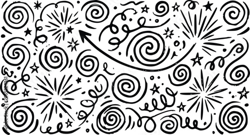 Doodle vector illustration set featuring hand drawn black ink swirls stars fireworks and decorative abstract design elements on white