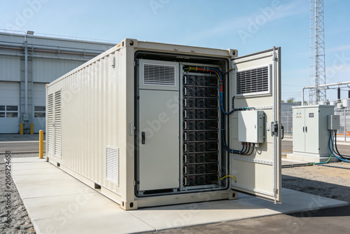 Containerized battery energy storage system with open door revealing racks of batteries