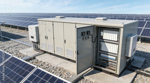 Solar power station with inverters and electrical distribution cabinet