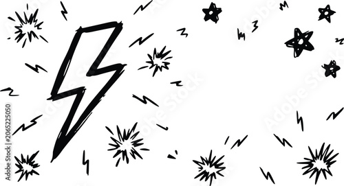 Lightning bolt icon vector illustration featuring hand drawn sketch style stars and electric sparks on a clean white background