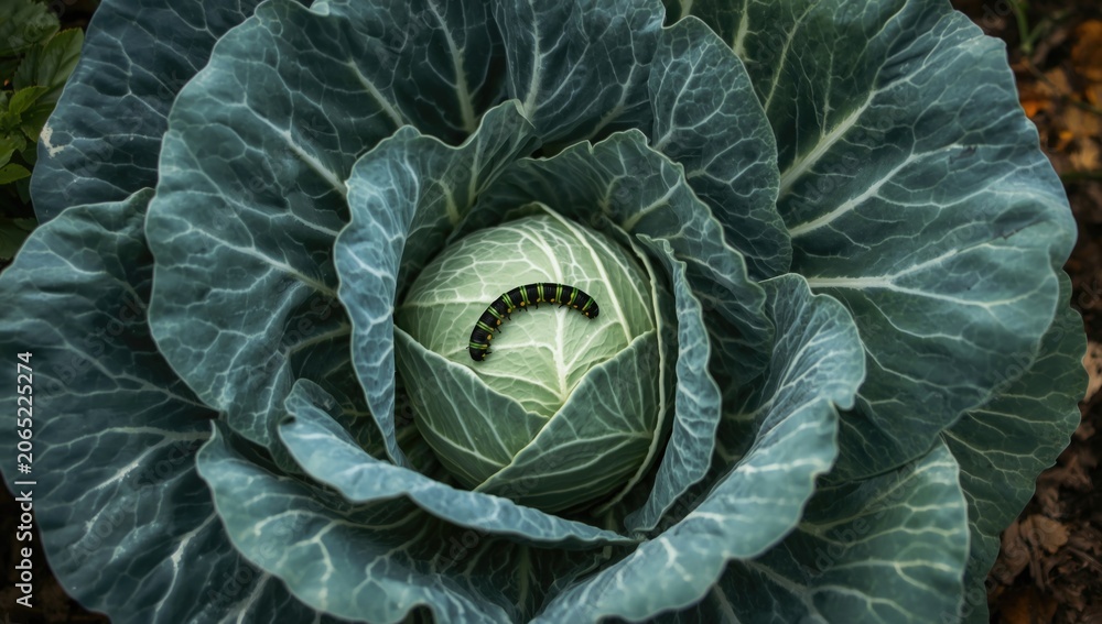 Obraz premium Caterpillar resting on the center of a green cabbage