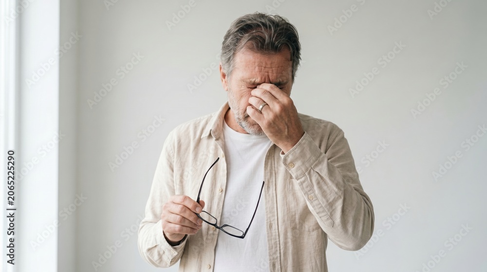 Obraz premium Middle aged man feeling tired and removing glasses to rub bridge of nose with headache exhausted eyestrain removing