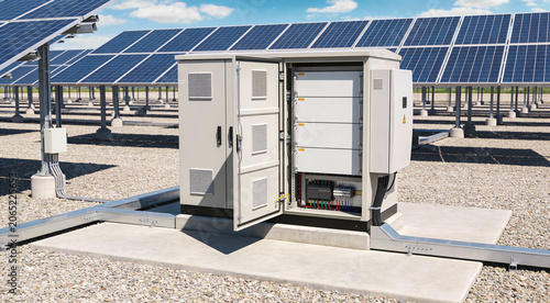 Quadro su tela Solar power station with open electrical cabinet and rows of photovoltaic panels