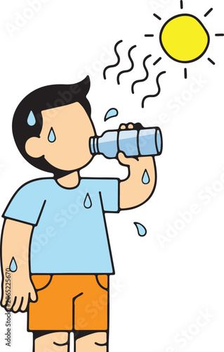 Summer heat illustration, man drinking water, hydration health, and hot weather safety graphic. isolated on transparent background