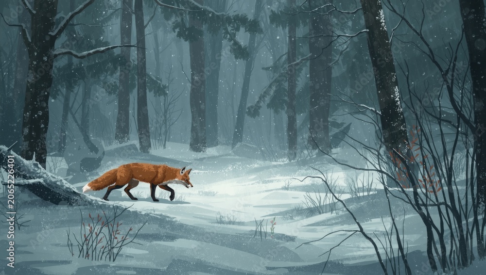 Fototapeta premium Fox walking through a snowy forest landscape