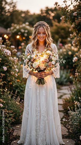 Radiant bride in lace gown holding glowing flower bouquet in garden