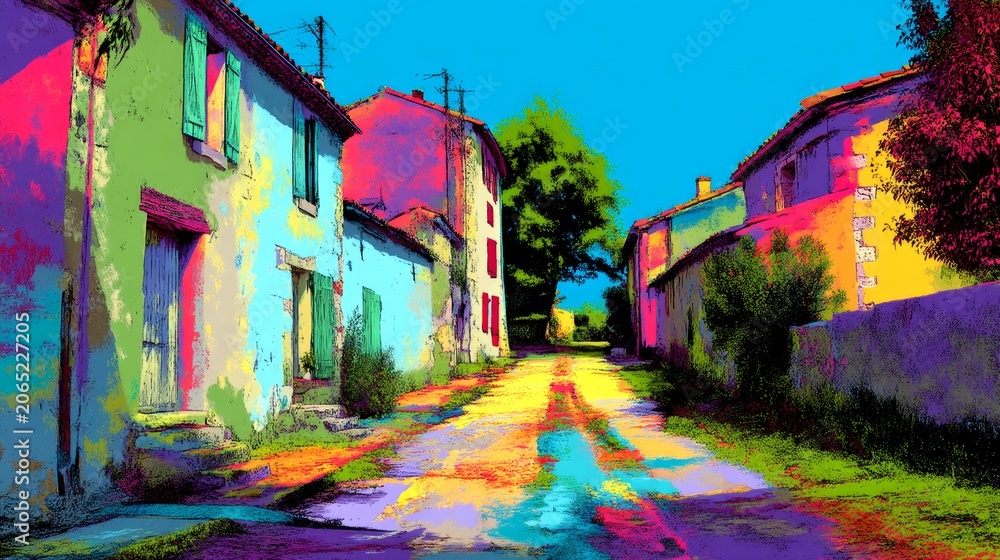 Fototapeta premium Vibrant street view with colorful houses. The bright colors create a lively atmosphere. Ideal for artistic and creative projects. Captivating and engaging style for various purposes. AI