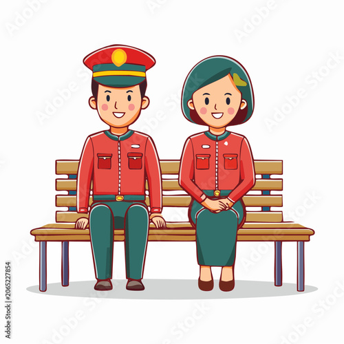 Cartoon Postman and Woman Sitting on Bench