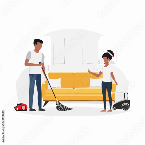 Couple cleaning living room together