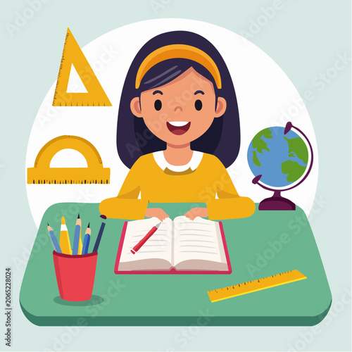 Girl Studying at Desk with School Supplies