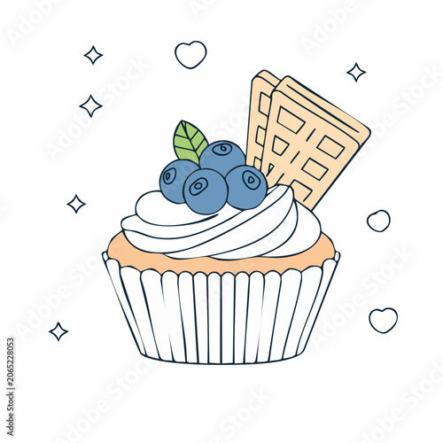 Hand-drawn cupcake with blueberries and waffle cone