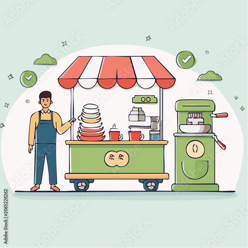 Street Food Vendor with Coffee Cart and Machine