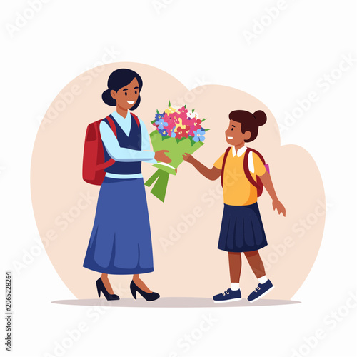 Student giving flowers to teacher